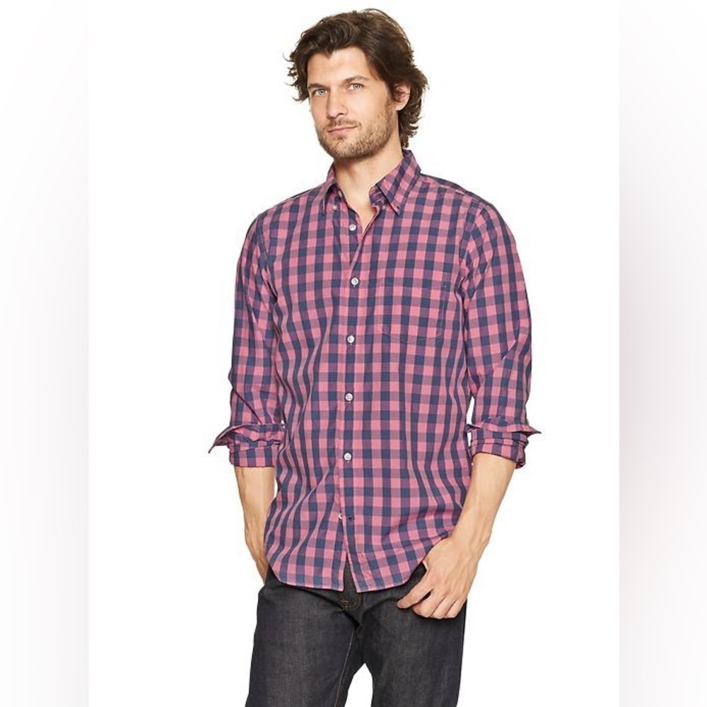 J. Crew Slim Stretch Button Down Shirt Pink Blue Gingham Checkered size Large